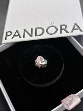 Pandora Sterling Silver Heart Charm with Pink Ribbon and 'Hope' Engraving